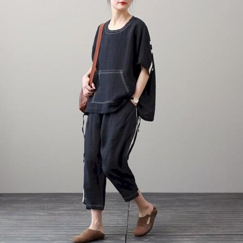 2021 Summer New Womens Suit Cotton Linen Cover Meat Slim Suit Korean Loose Large Size T-shirt Casual Harem Pants Two-piece Suits