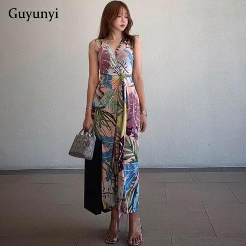 Fashion Floral Bohemian Dress 2021 Summer Simple Sexy Sleeveless V-Neck Mid-Calf Long Temperament Wrap Dress Women