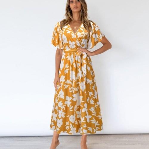 Women V-neck Beach Dress Fashion Bohemian Floral Print Ruffles Short Sleeve Long Dress Ladies Summer Plus Size Sundress Vestidos