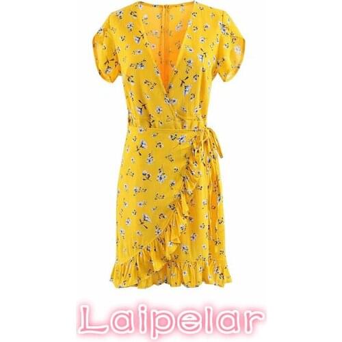Summer clothes for women elegant wrap yellow floral ruffle dress vintage mini beach dresses kawaii korean streetwear bohemian