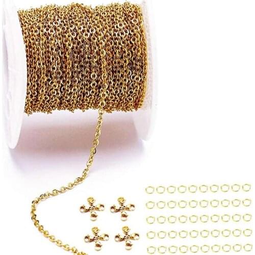 20meter Lot 18K Gold / silver Stainless Steel 2mm Flat Cable Chain Link Spool with 20 Lobster Clasps w 40 Jump Ring DIY Marking