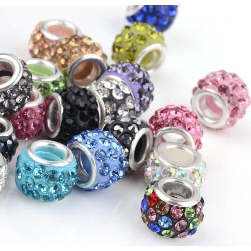 100pcs Polymer Clay Rhinestone European Beads, Large Hole Beads, Rondelle, with Silver Tone