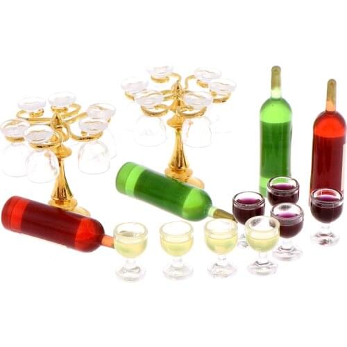 13pcs/set Wine Drink Bottles, Goblets Beer Cups Wine Bottles Cup Holder Dollhouse Miniature Pub Shop & Round Floral Stool Chair