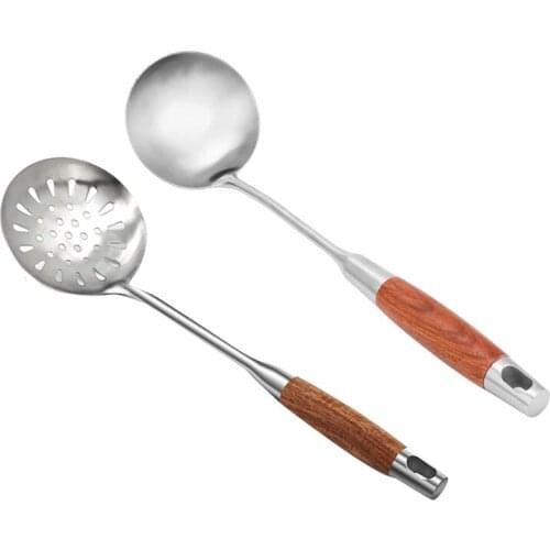 2 Pcs Stainless Steel Wood Handle Colander Strainer Home Kitchen Supplies Soup Spoon Tableware Kitchen Cooking Utensils
