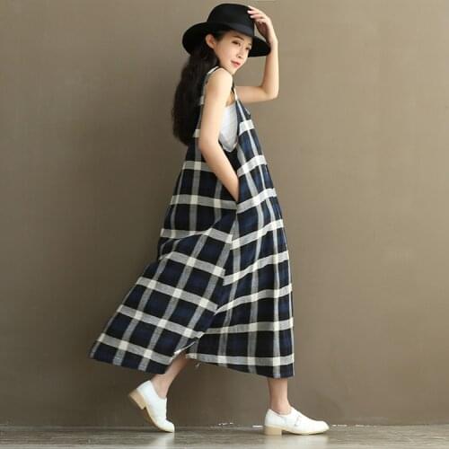 2019 New Arrival Original Design Blue and white checkered cotton vest long womens Dress 15214