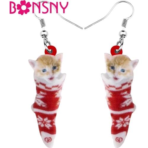 Bonsny Acrylic Christmas Sock Short Hair Cat Kitten Earrings Drop Dangle Sweet Animal Jewelry For Women Girl Teen Gift Accessory