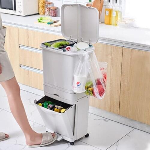 Large Double-layer Trash Can for Kitchen Dry Wet Garbage Classification Storage Plastic Double Cover Bathroom Pulley Trash Can