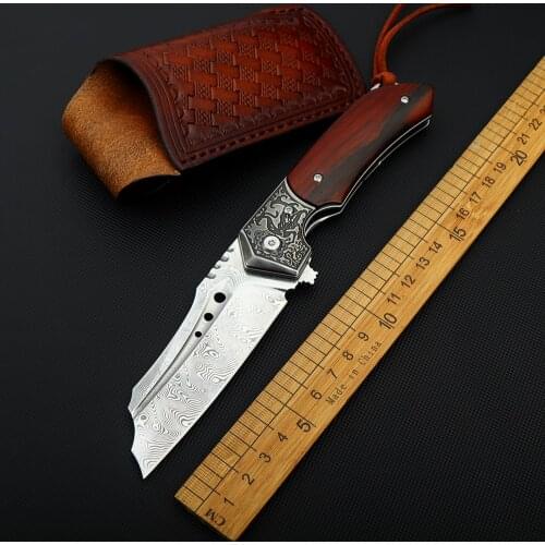 Damascus Pattern Steel Folding Knife Collection Gift Knife Sharp Folding Knife Totem Spirit Bird Alloy Steel Carved Particle Dal
