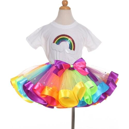 2021 Childrens Childrens Rainbow T-Shirt Set, Cotton Sequined Short-Sleeved T-Shirt, Girls Princess Mesh Skirt