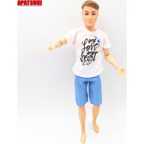 White Letter T-Shirt Top Blue Short Pants for Ken Doll Outfits Clothes for Barbies Boyfriend Ken Boy Doll Playhouse Toy for Kid