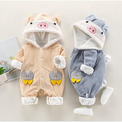 Newborn baby jumpsuit for fall/winter plus velvet thick warm one-piece boy girl cartoon piggy cute hooded jumpsuit baby romper