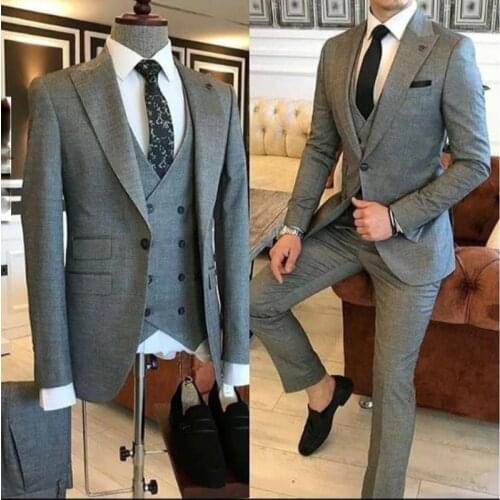 Groom Wear 3 Pieces Gray Men Suits 2021 Slim Fit Peak Lapel One Button Tailor Made Terno Masculino (Jacket+Pants+Vest+Tie