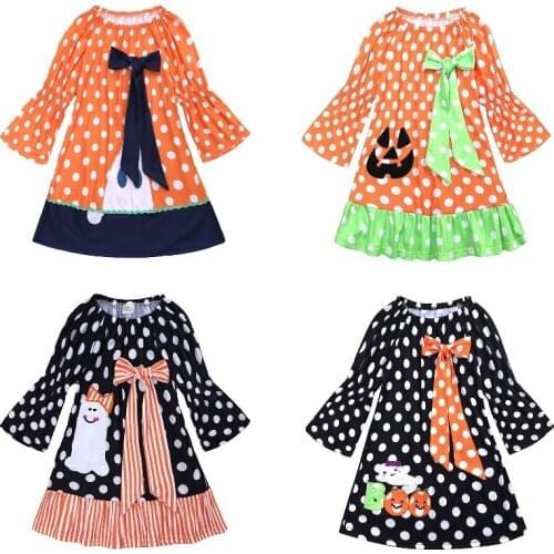 Halloween Costumes Baby Girl Clothes Children Pumpkin Dress Dot Ghost Girls Dresses Blouses 100% Cotton Outfit 1 2 3 4 5 6 Year