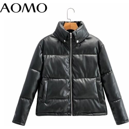 AOMO Women Black Faux Leather Parkas Jacket Coat Turn Down Collar Ladies Long Sleeve Loose Winter Coat AM35A