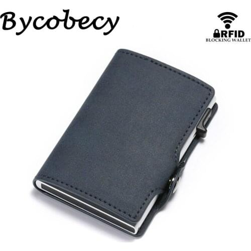 Bycobecy Anti Rfid Credit Card Holder Case Men Slide Leather Id Card Holder Bank Aluminium Metal Wallet Creditcard Bag Popwallet