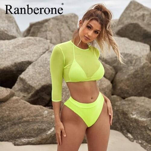 Ranberone Sexy Three Piece Suit Womens Swimsuit 2021 High Elasticity Swimwear Women Print Bikini Fused Solid Sport Female