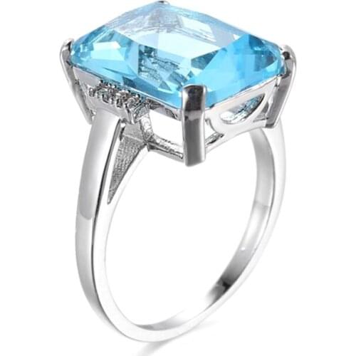 Luxury Silver Color Big Square Blue Crystal Wedding Ring for Woman Wholesale Zircon Cubic Jewelry Dropship