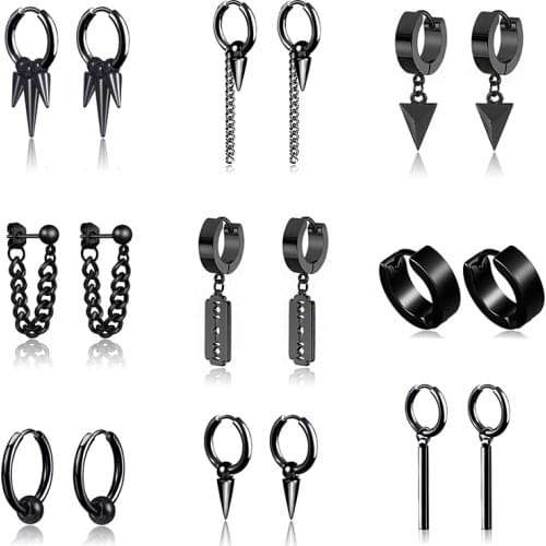 1 pair Punk Multiple Styles Fashion Black Color Stainless Steel Simple Earrings for Women And Men Punk Jewelry Gifts