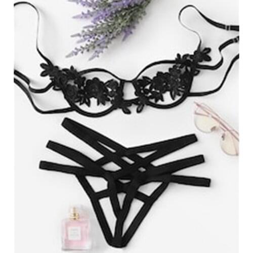 Comeondear Blue Harness Appliques Underwire Sexy Women Intimates Thongs V-String Transparent Female Underwear Bra Set R80854