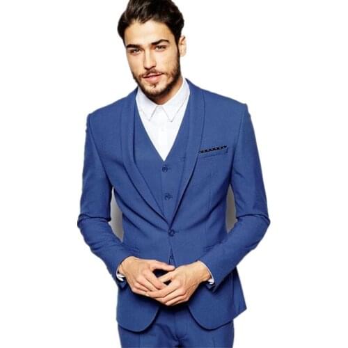 Custom Made Blue Suit Men Slim Fit Wedding Groom Tuxedo Prom Simple Blazer Jacket 3 Piece Men Suits (Jacket+Pants+Vest)