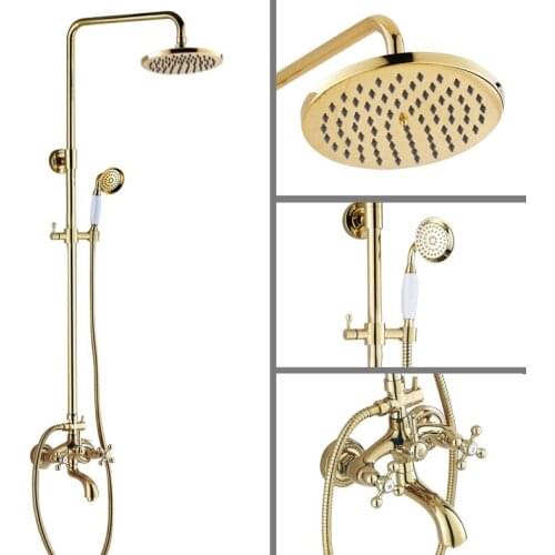 8 inch Rainfall Gold Color Brass Rain Shower Faucet Set Bathroom Wall Mounted Mixer Tap with Hand Spray lgf454