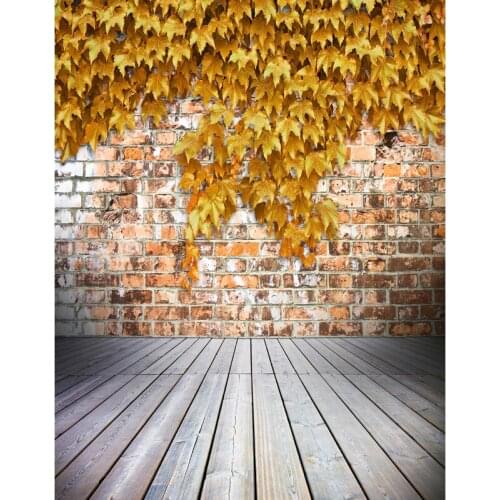 TR 5X7ft vinyl cloth wooden floor brick wall golden maple leaves photography backdrop customize newborns wedding studio backdrop