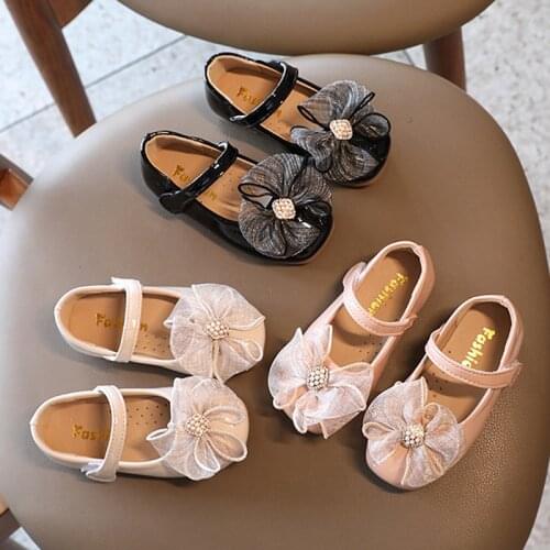 Spring Autumn Girls Shoes Lace Bowtie Mary Janes Shoes String Bead Princess Shoes Kids Flats Baby Children Dance Party Toddlers