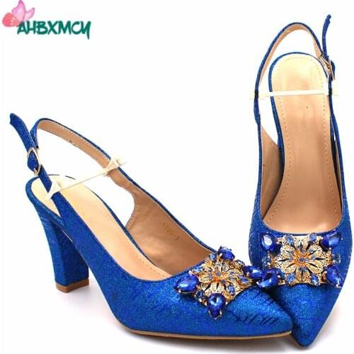 2020 New African Ladies Sexy High Heels Pumps Royal Blue Rhinestones Design Ladies Women Pumps Italian Sandal Shoes for Parties