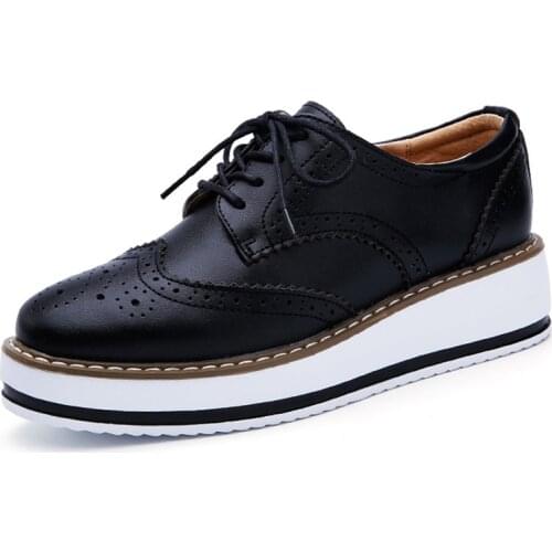 Genuine Leather Shoes Women Flats Oxford Lace Up Striped Platform White Black Fashion Vintage Platform Brogue Shoes Woman