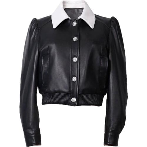 YOLOAgain Women Genuine Leather Jacket Beading Buttons Soft Real Sheepskin
