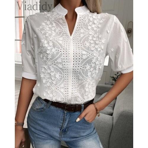 Women Summer Floral Pattern Eyelet Embroidery Half Sleeve Top Blouse