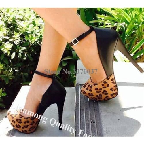 Linamong Western Style Round Toe Leopard Patchwork High Platform Pumps Super High Ankle Strap High Heels Formal Dress Shoes