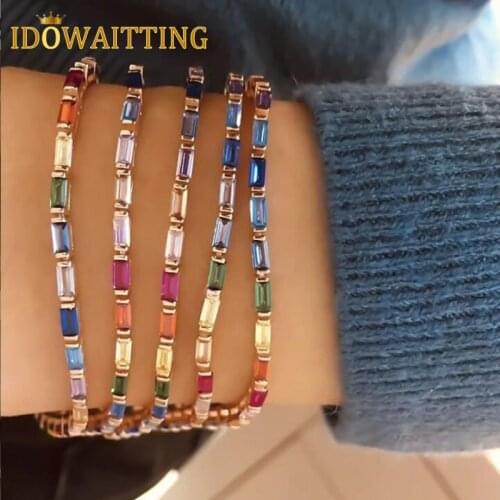 Geometric Baguette Cubic Zirconia Bracelet For Women 2021 New Arrived Luxury Gold Color Plated Rainbow Colorful Cz Tennis Bangle