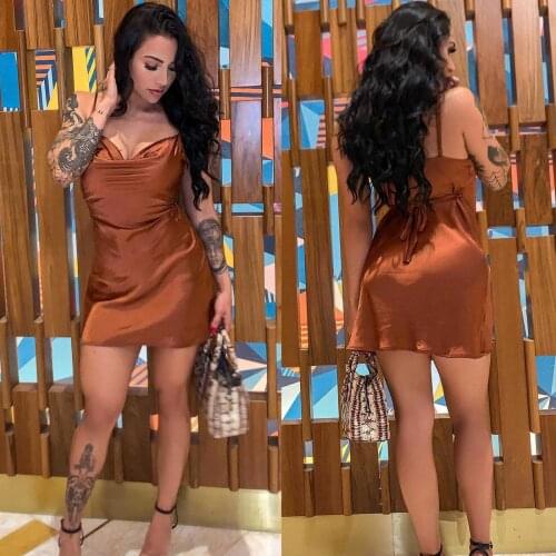 2021 Women Spaghetti Strap Mini Satin Bodycon Mini Dress Ladies Sexy Halter Adjustable Waist Club Party Dress Short Dress