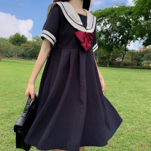 Harajuku robe Gothic Cosplay solid Dress Women preppy style sailor Collar Vintage Bandage bow Casual Pleated Long Dresses