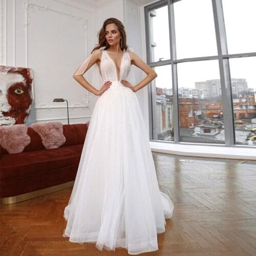 Thinyfull Shiny Tulle Wedding Dresses Boho V-Neck Pearls Beaded Beach Wedding Gowns Illusion Mariage Dress Abito Da Sposa