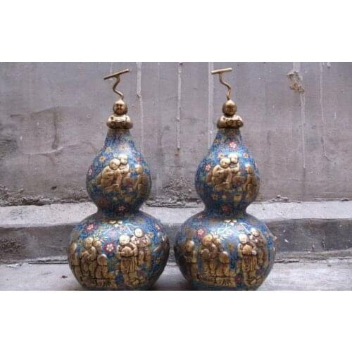 18 China Royal 100% Pure Copper Bronze cloisonne Enamel Boys gourd Pair Statue
