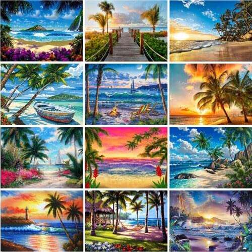 5D Diamond Painting Seaside Full Square/Round Diamond Embroidery Landscape Mosaic Cross Stitch Kits Coconut Tree Home Decor