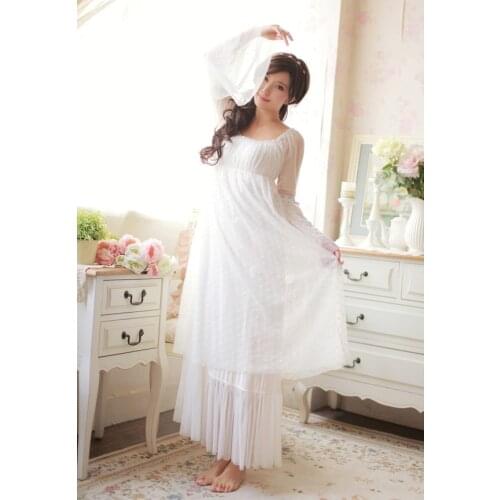 Free Shipping 100% Cotton Princess Nightdress Womens Long Nightgowns White Lace Sleepwear