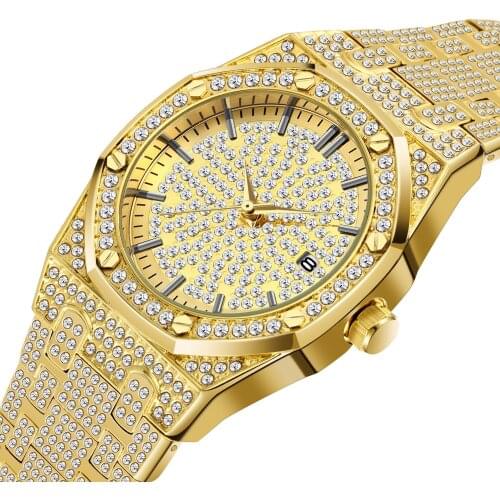 MISSFOX 18K Gold Watch Men Luxury Brand Diamond Men Watches Top Brand FF Iced Out Male Quartz Watch Calender Unique Gift For Men