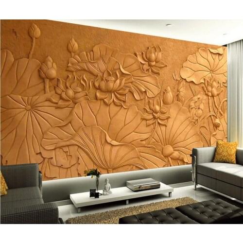 Home Decoration Classical carved wooden mural TV backdrop lotus design 3d name wallpapers