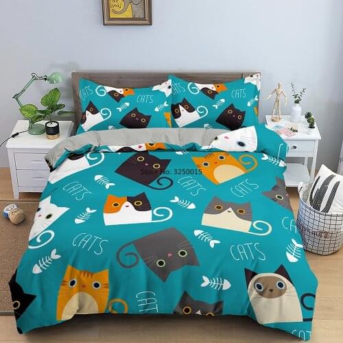 2-3 Pcs Home Textiles Cartoon Cat Bedding Set Soft Duvet Cover Fitted/Bed Family Set Twin Queen King Size Kids Bed