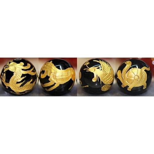 8-14mm 4pcs Natural Round Black Agates Beads Gold Carved Dragon Turtle Tiger Phoenix Beads For Jewelry Making Beads Accessories