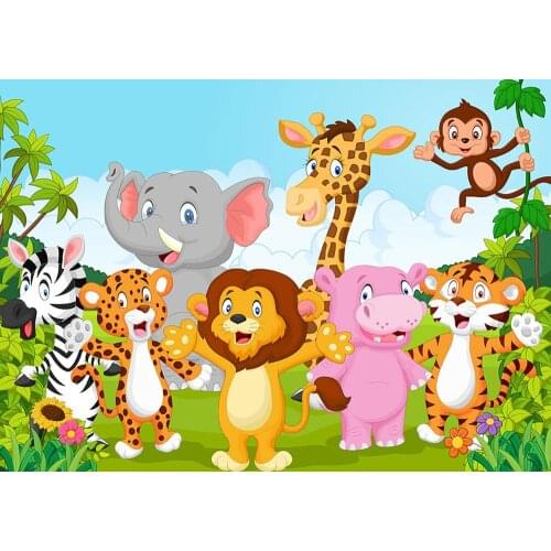 Cartoon lion, tiger, deer, monkey, animal world, child, newborn baby, photo background, photo studio, photo background