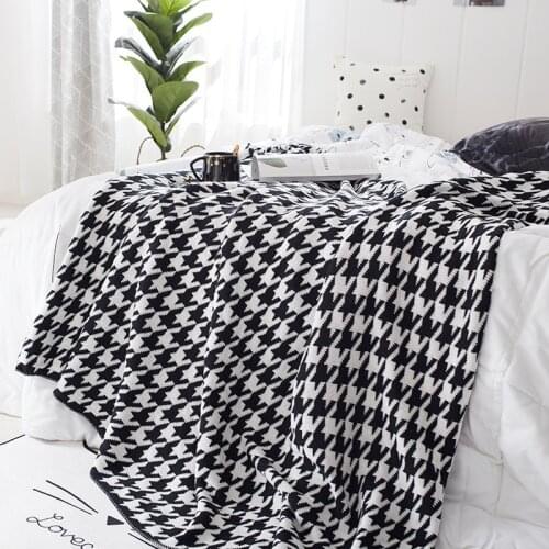 Soft Houndstooth Blanket Knitted Blanket Nordic Geometric Blanket Sofa Throw Blanket Black White Cotton Blanket