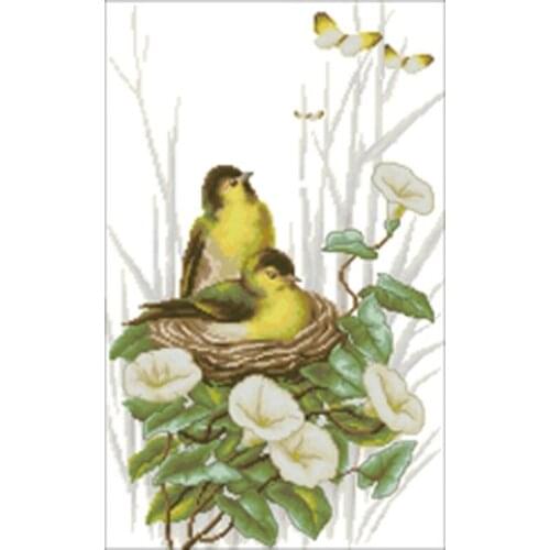 Birds nest among trumpet flowers counted 11CT 14CT 18CT Cross Stitch Set DIY Cross-stitch Kits Embroidery Needlework Home Decor