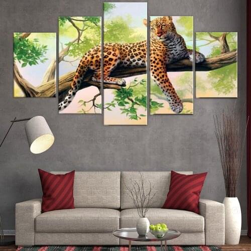 New 5 Piece canvas Art new Leopard Lying Green Tree Top-Rated Canvas Print Painting For Living Room decorations for home