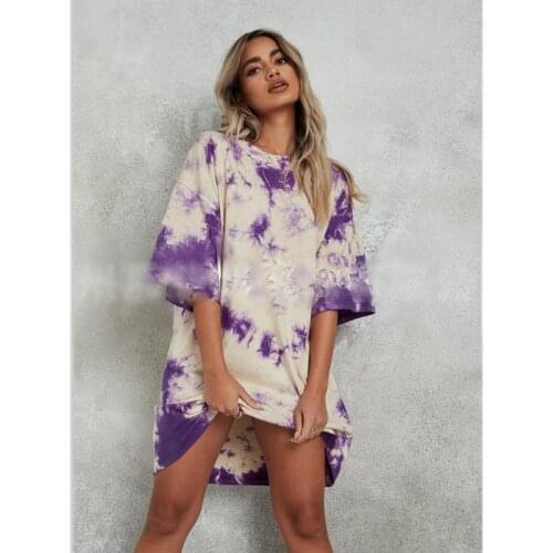 2021 Summer New Womens Tie-Dye Loose T-shirt Printed Short Sleeve Dress Hip Hop Loose Simple Chic Fashion Casual Dress
