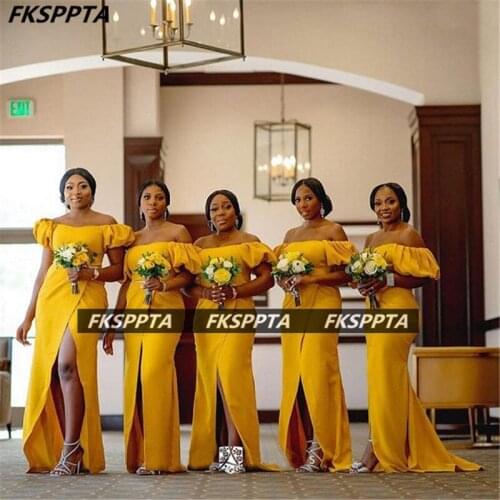 Short Sleeves Gold Bridesmaid Dresses For Black Women Off The Shoulder High Slit Corset Long Wholsale African Maid Honor Gowns