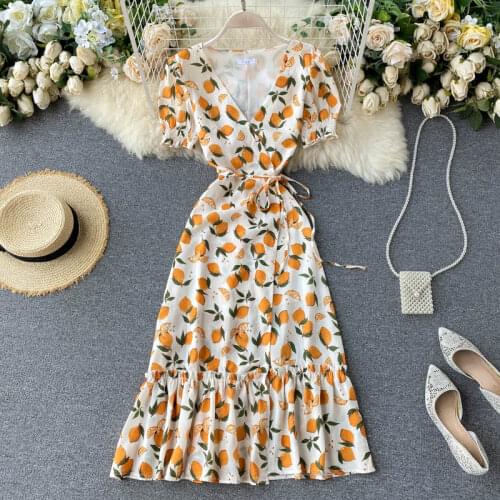 SINGRAIN French Orange Print Wrap Dress Women Retro Sweet Puff Sleeve Ruffles Dress Autumn Bohemian A-line Holiday Beach Dress